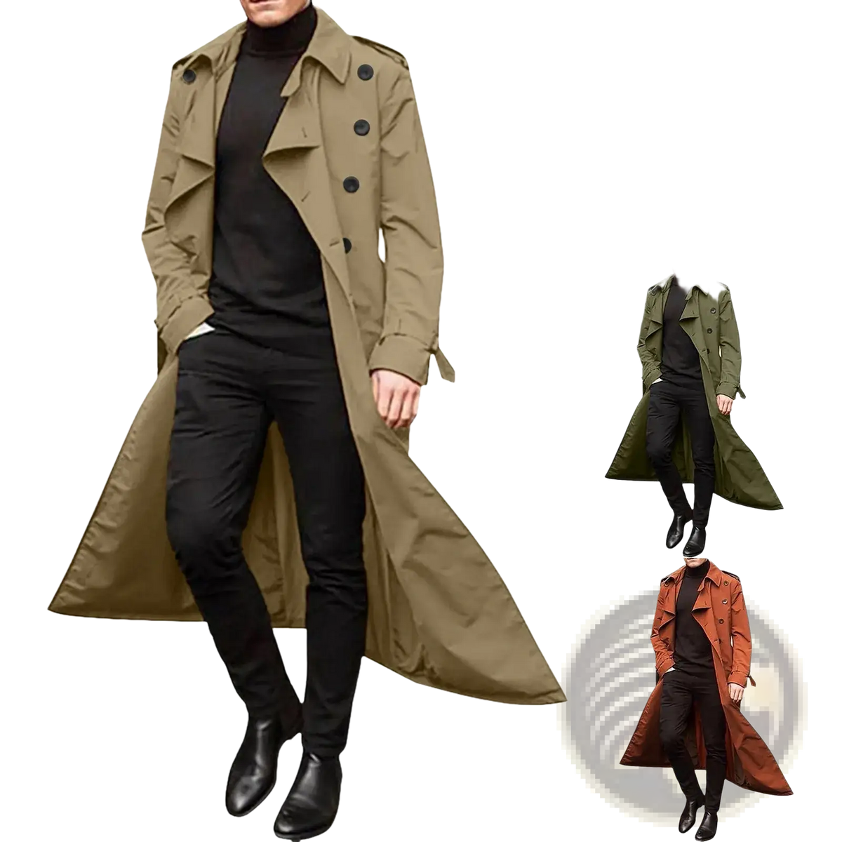 Men long khaki trench coat with waterproof material and classic double-breasted design paired with black turtleneck and pants
