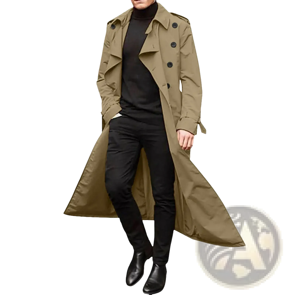 Men long trench coat in khaki with black buttons and classic double-breasted design for winter outerwear