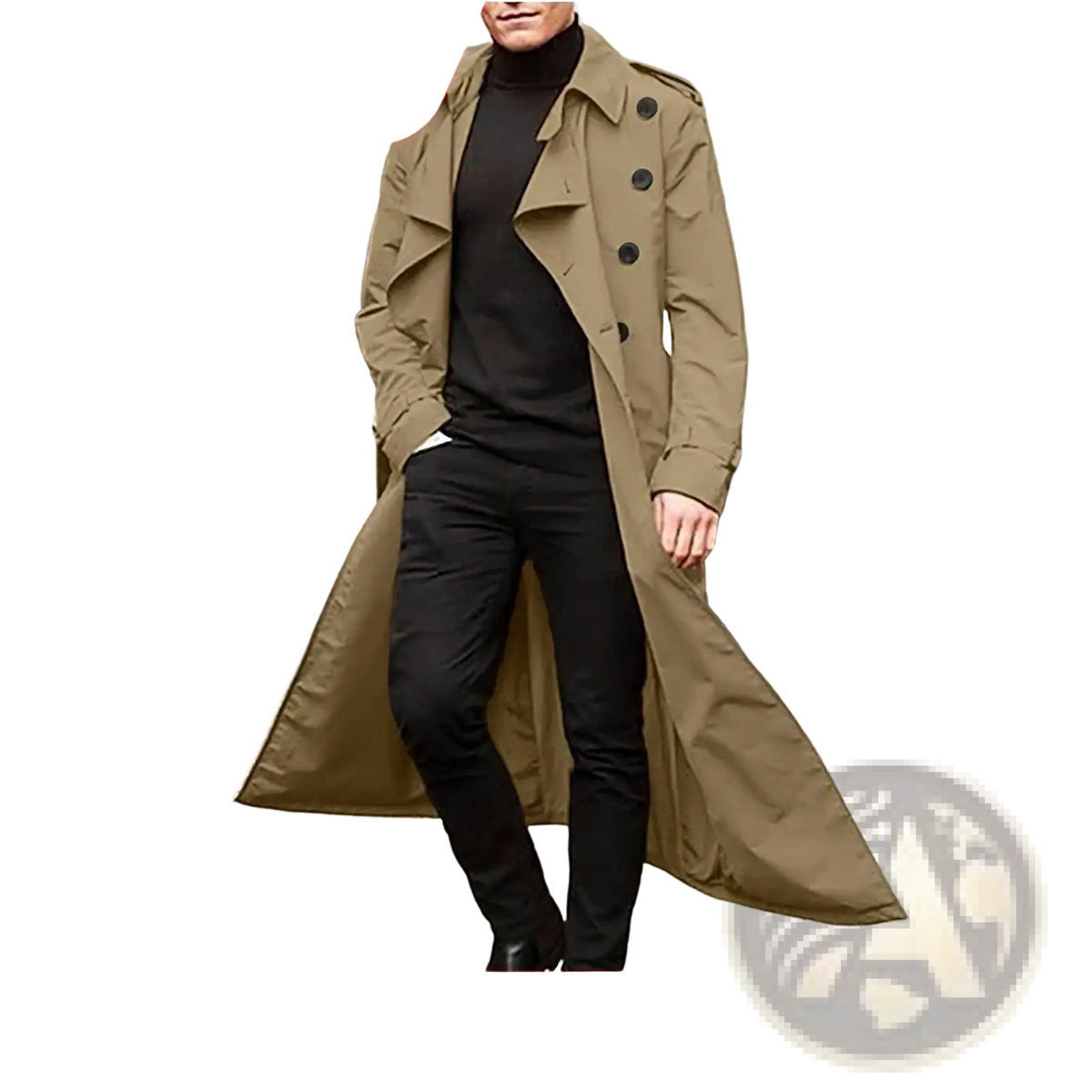 Olive green men long trench coat waterproof winter outerwear with black buttons and classic military-style design