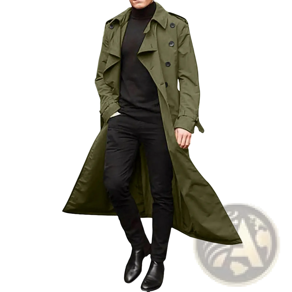 Men long olive green trench coat with classic double-breasted design black buttons waterproof winter outerwear
