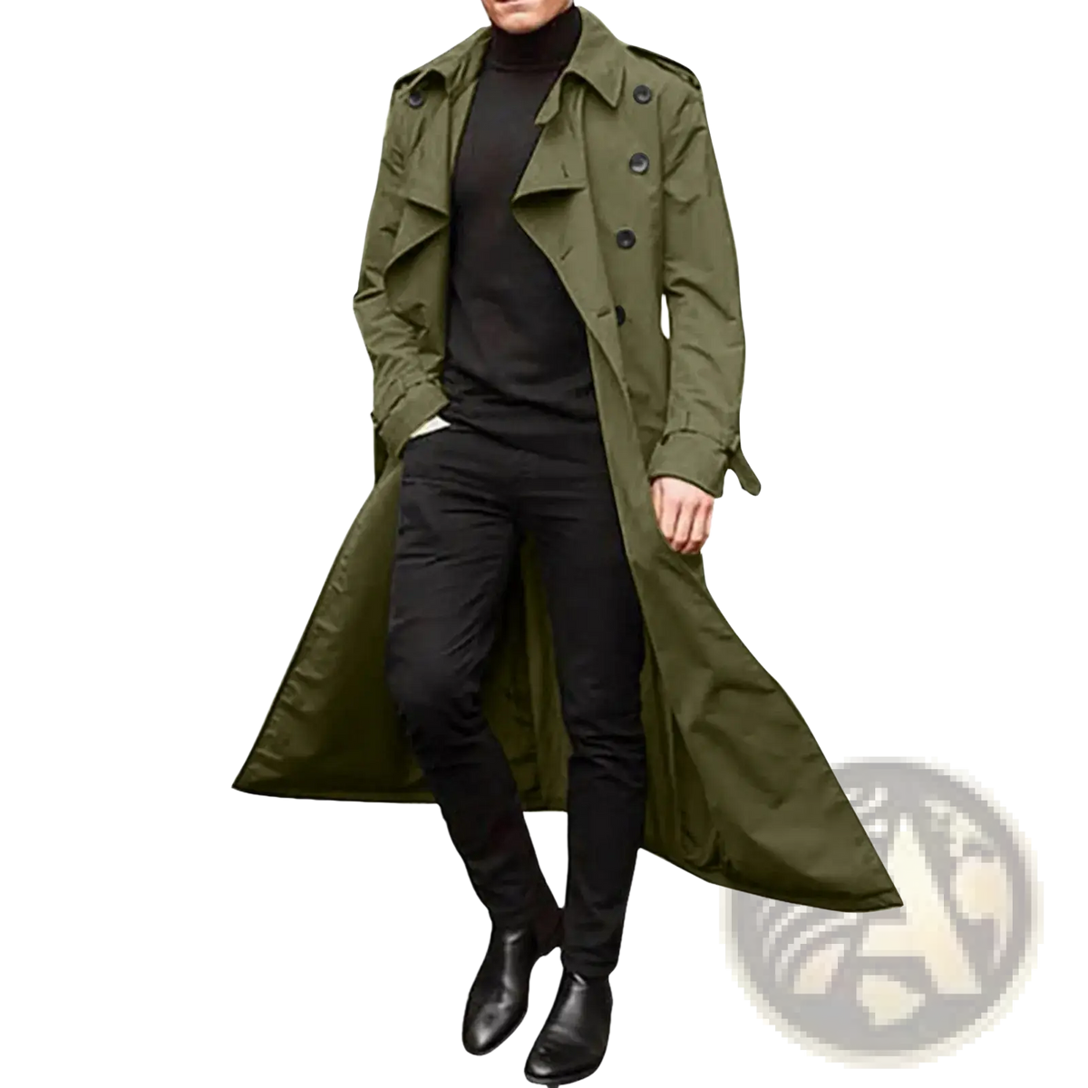 Men long olive green trench coat with classic double-breasted design black buttons waterproof winter outerwear