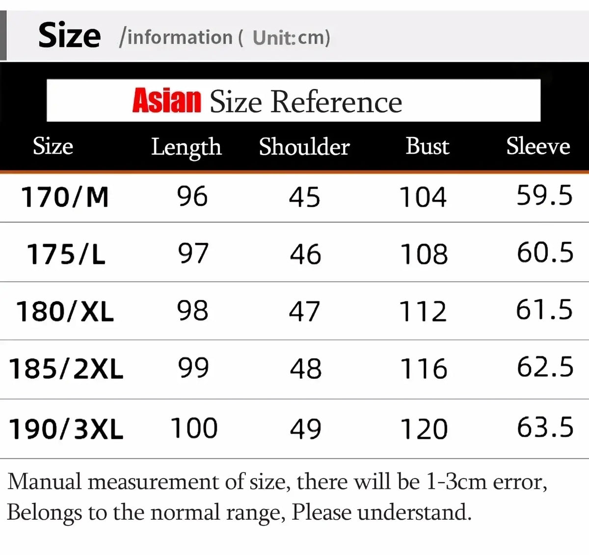 Asian size reference chart in centimeters for men long wool overcoat winter jacket sizes M to 3XL