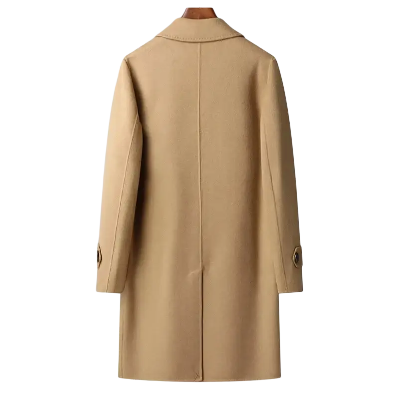 Beige wool men long overcoat with classic collar and buttoned cuffs perfect for winter jacket use