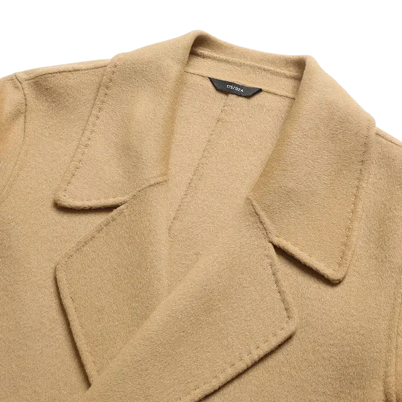 Beige men long wool overcoat with classic collar and neat stitching suitable for winter jacket use