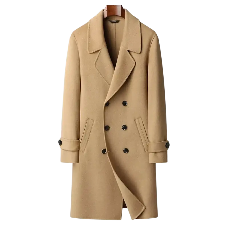 Beige double-breasted men long wool overcoat with black buttons and flap pockets for winter wear