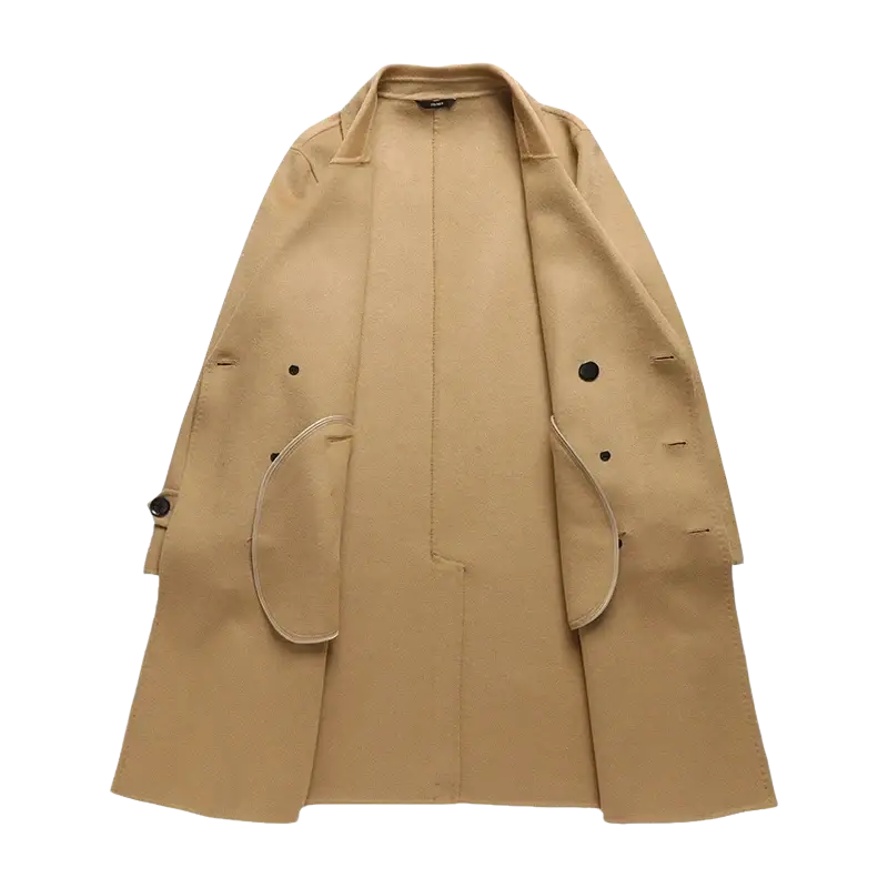 Men long wool overcoat winter jacket in beige with black buttons and flap pockets displayed from the front