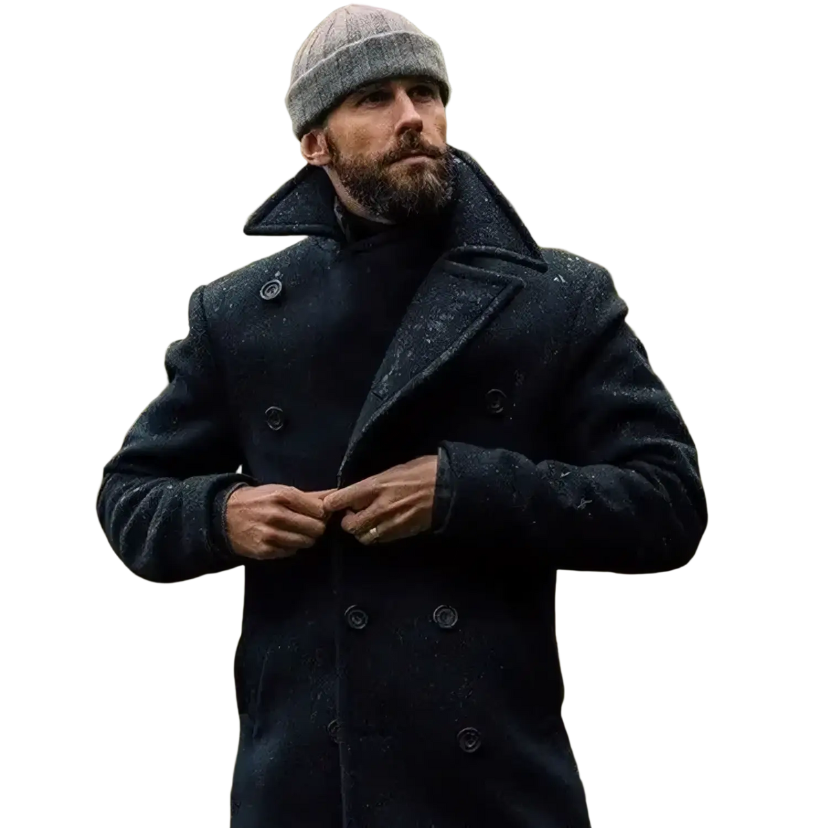 Dark navy woolen men long wool peacoat double breasted winter jacket with black buttons and a high collar