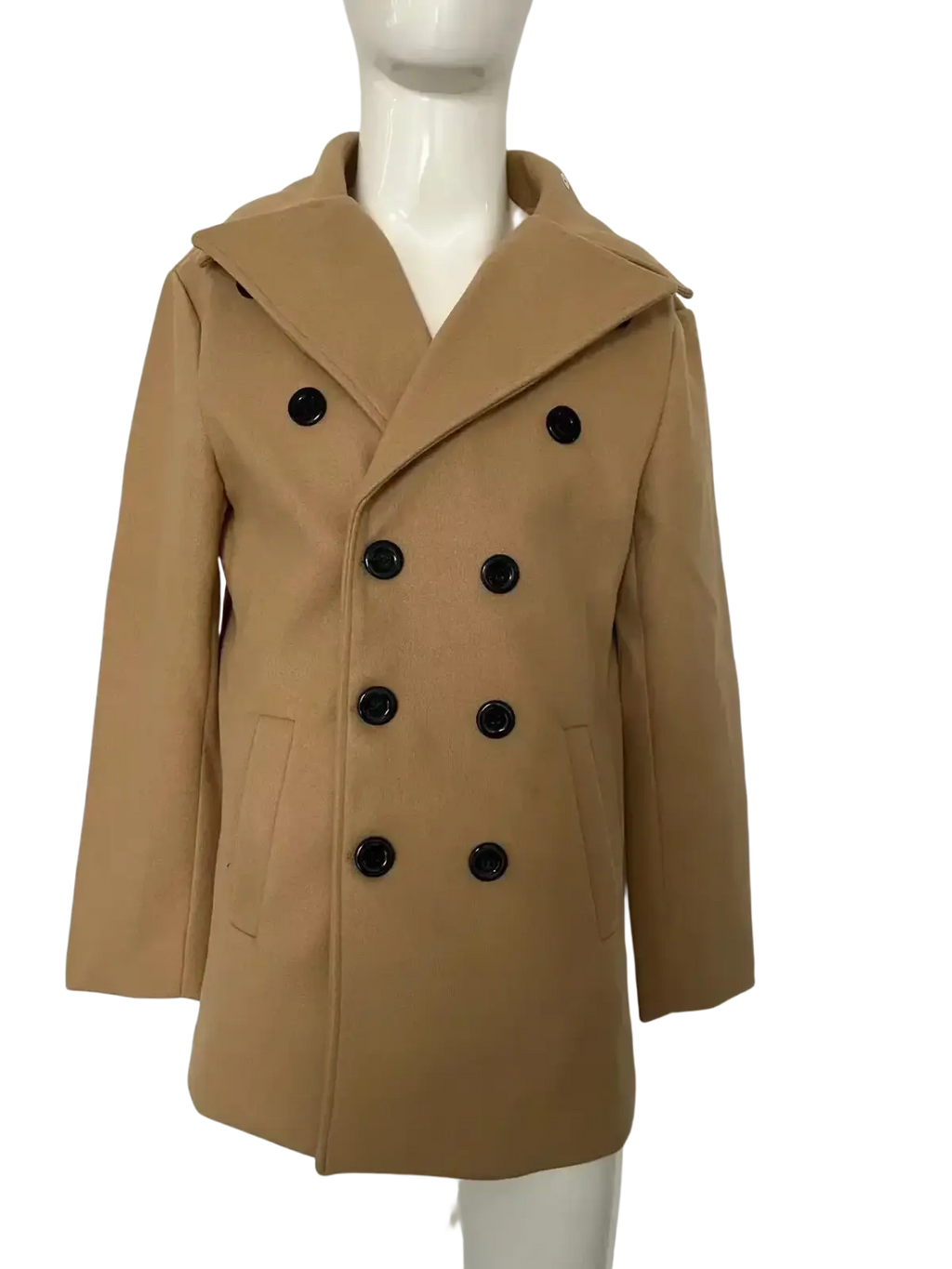 Men long wool peacoat double breasted winter jacket in tan wool with black buttons for cold weather wear