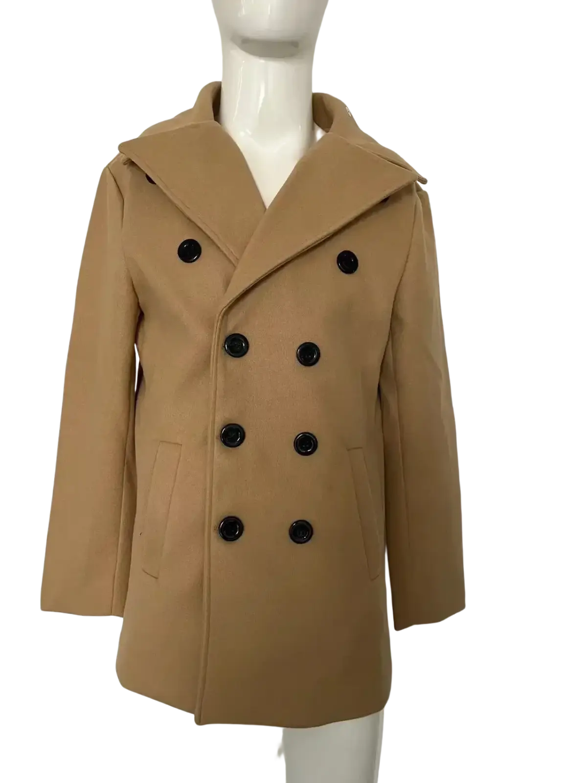 Men long wool peacoat double breasted winter jacket in tan wool with black buttons for cold weather wear