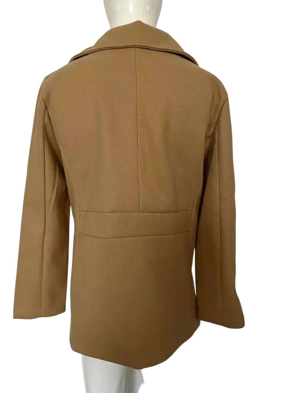Tan wool blazer with structured collar and tailored fit designed as a men long wool peacoat winter jacket