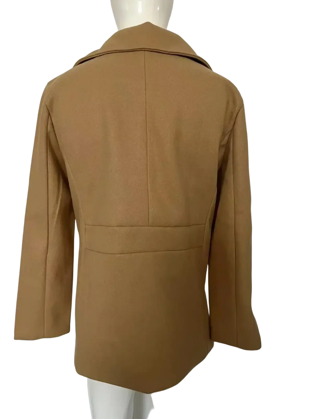 Tan wool blazer with structured collar and tailored fit designed as a men long wool peacoat winter jacket