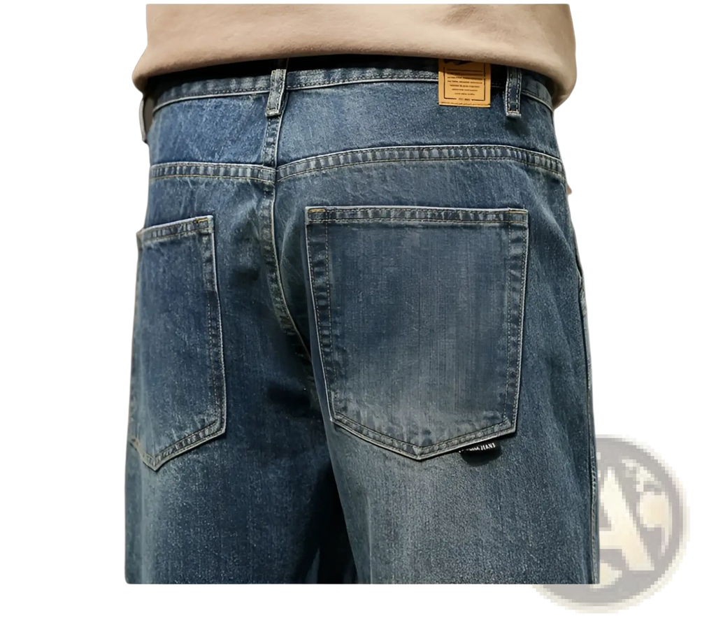 Back view of men loose denim harem jeans in blue faded wash with classic back pockets made of denim material