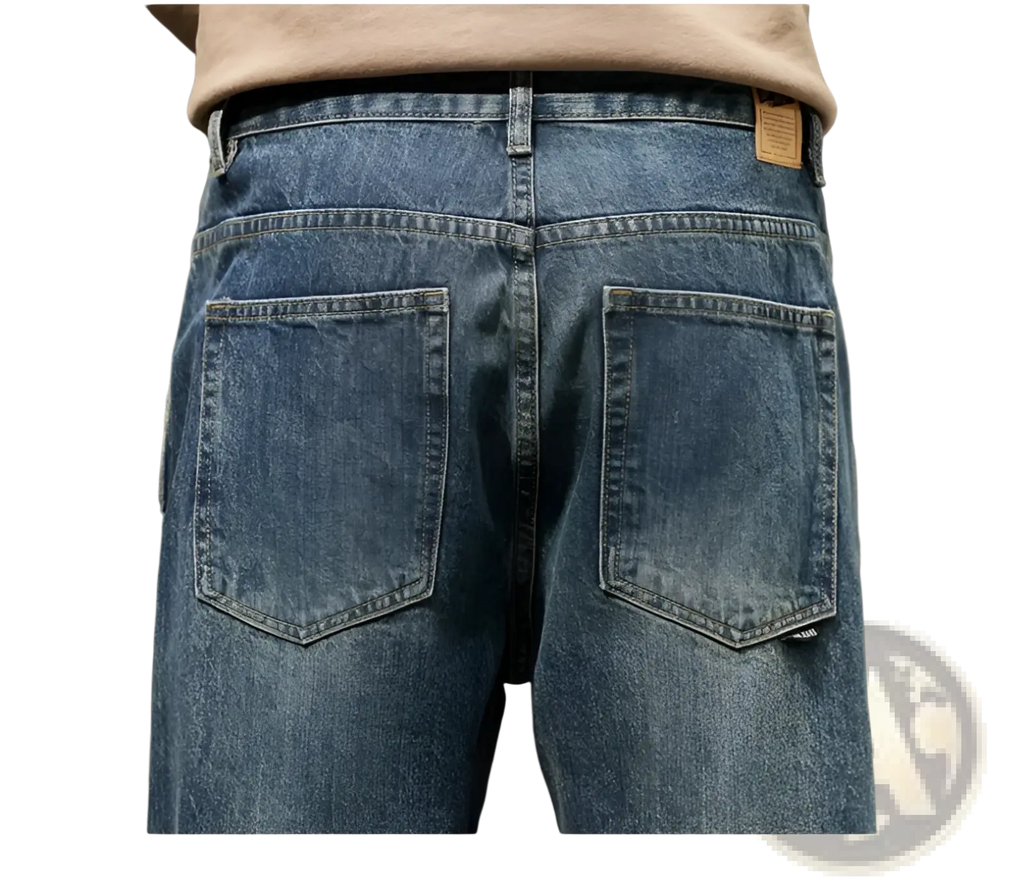 Men loose denim harem jeans shown from back in blue faded wash with classic back pockets and loose fit design