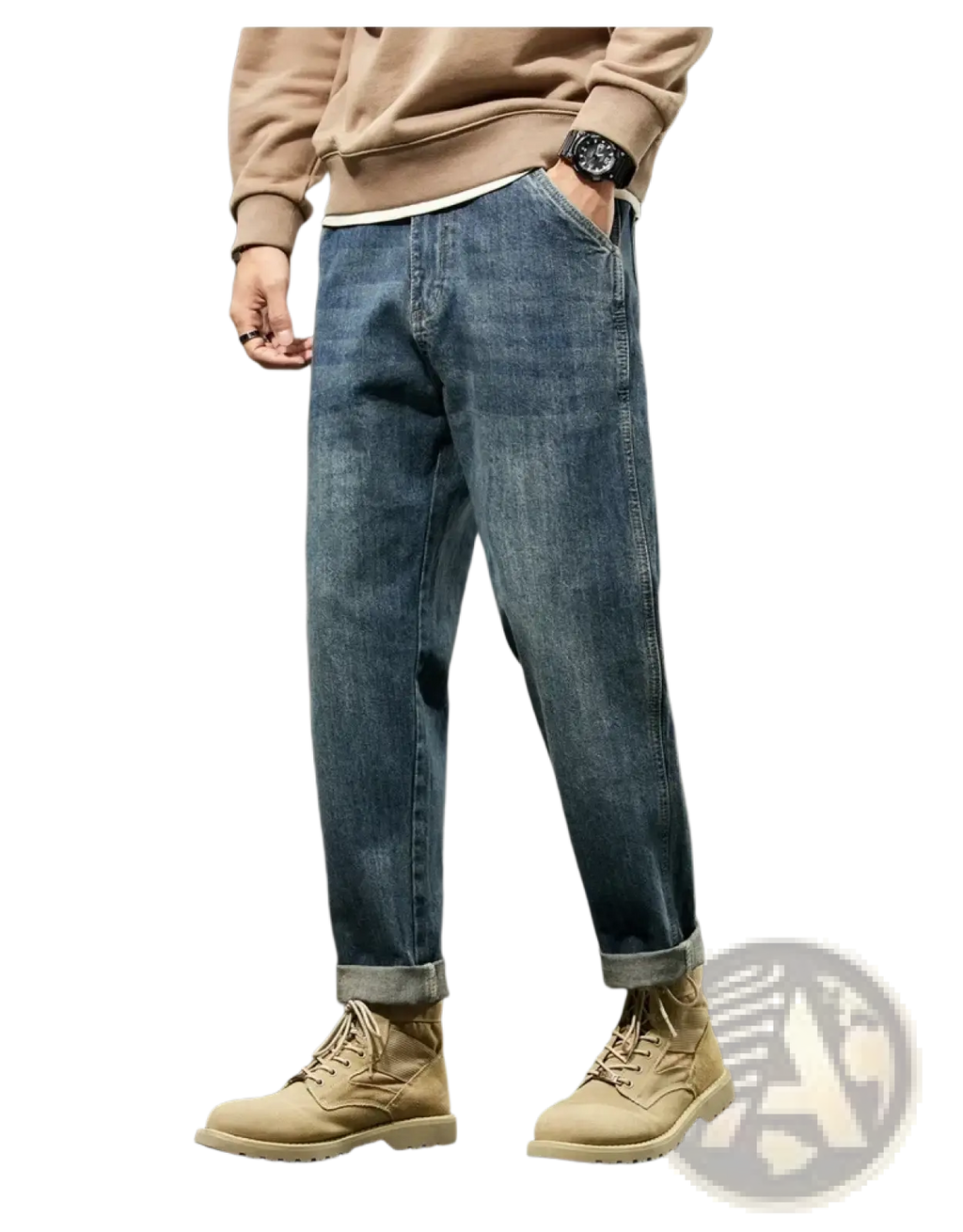 Men loose denim harem jeans in blue with relaxed fit and rolled cuffs made from durable denim material
