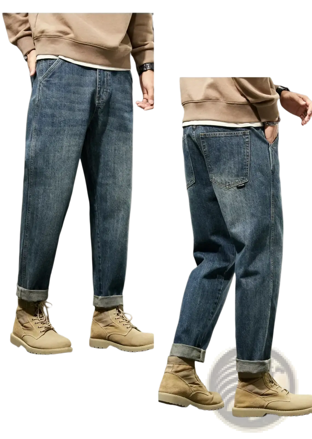Men loose denim harem jeans in blue cotton denim with a relaxed fit and rolled cuffs shown from the front