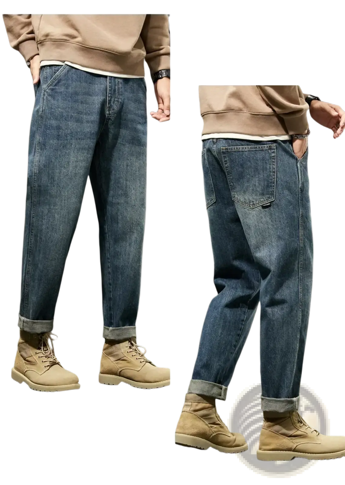 Men loose denim harem jeans in blue cotton denim with a relaxed fit and rolled cuffs shown from the front