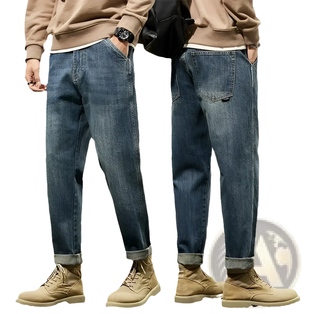 Men loose denim harem jeans in blue denim with a relaxed fit and rolled cuffs for casual comfort