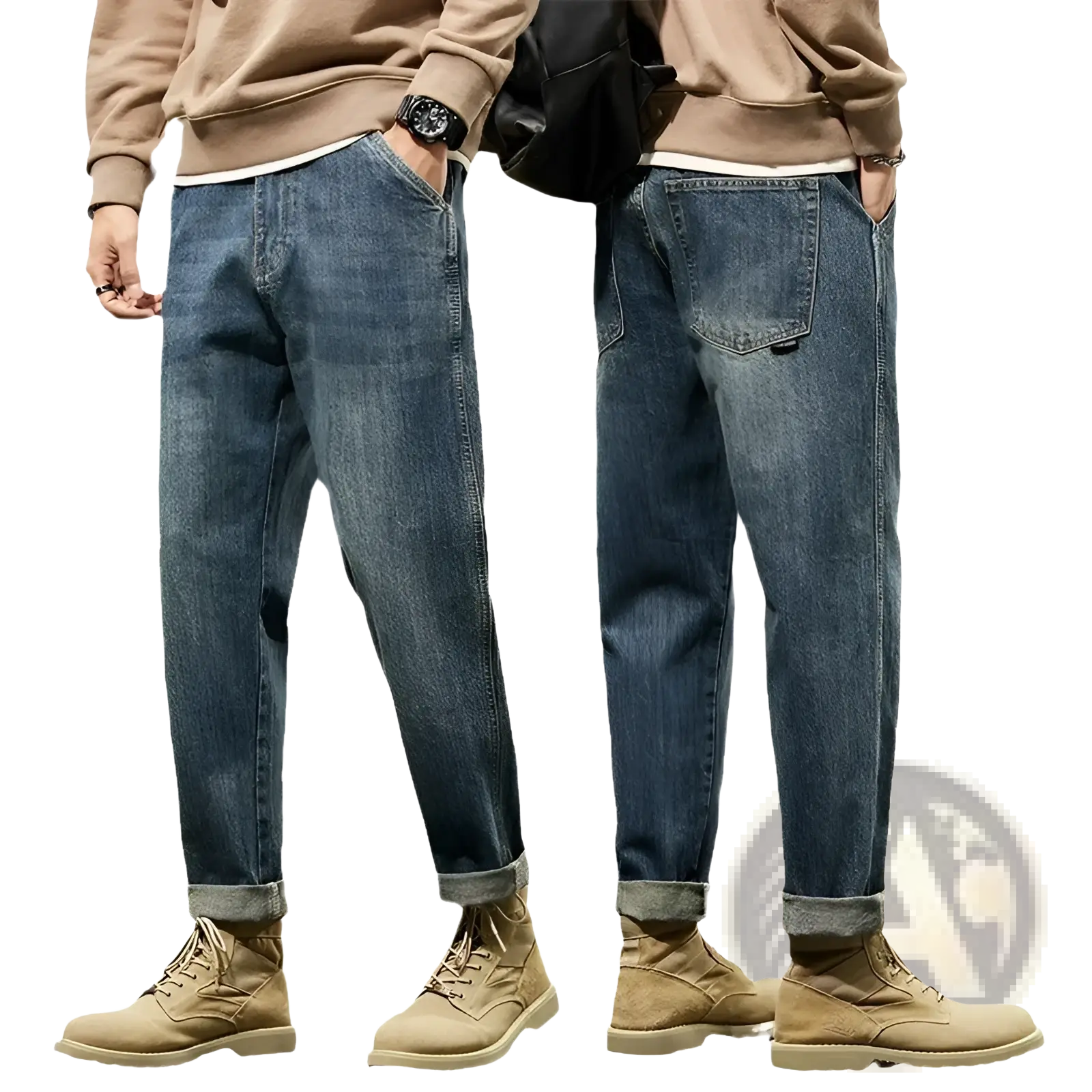 Men loose denim harem jeans in blue denim with a relaxed fit and rolled cuffs for casual comfort