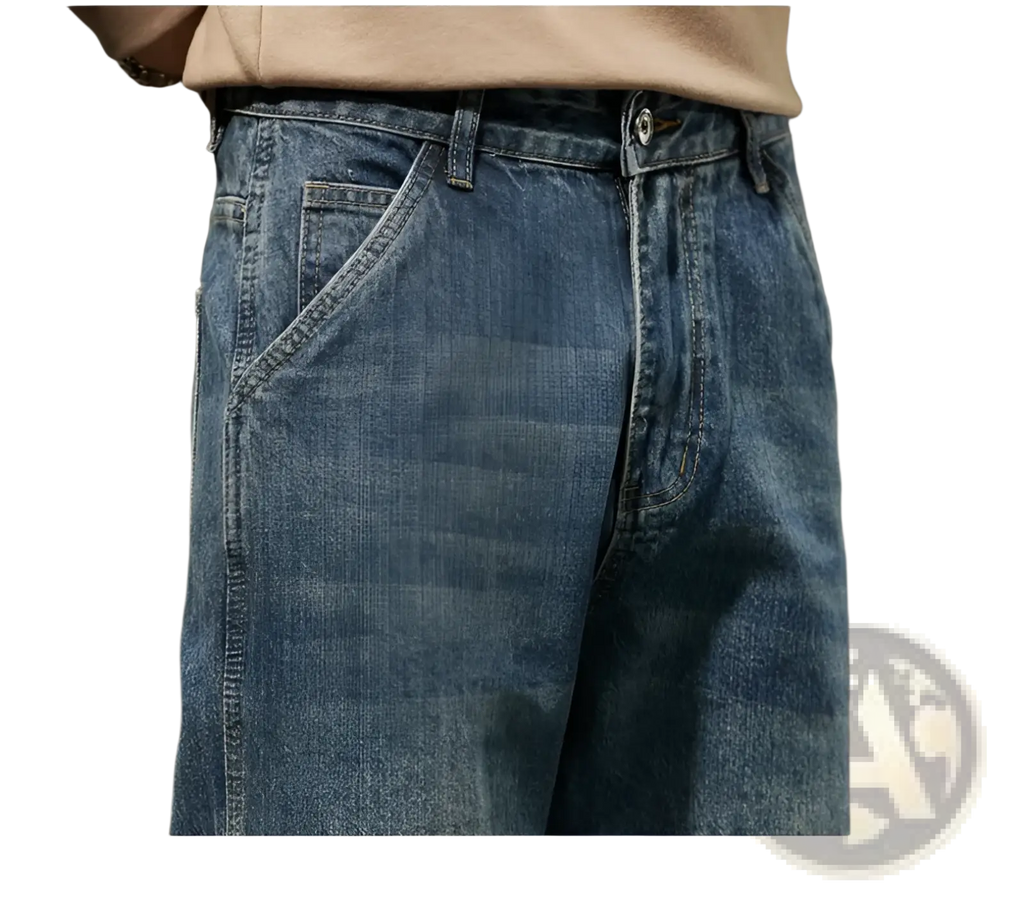 Men loose denim harem jeans in blue with relaxed fit and classic stitching made from durable denim fabric