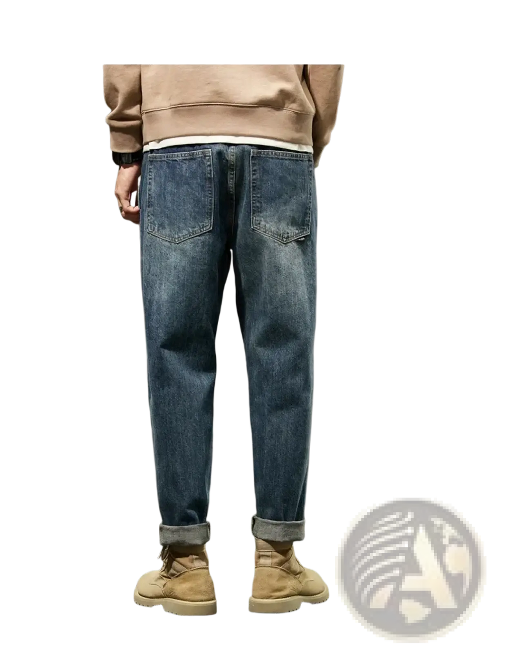 Men loose denim harem jeans in blue denim with rolled cuffs and a classic five-pocket design