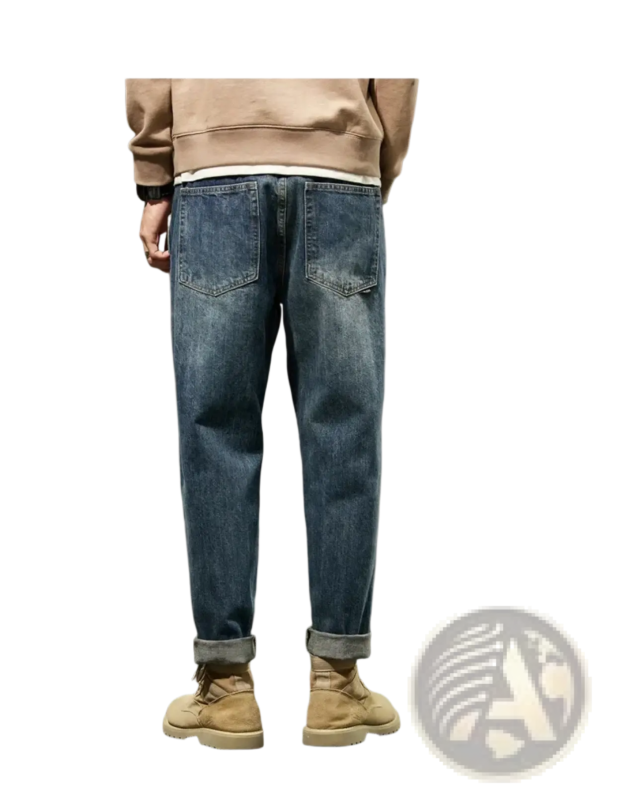 Men loose denim harem jeans in blue denim with rolled cuffs and a classic five-pocket design