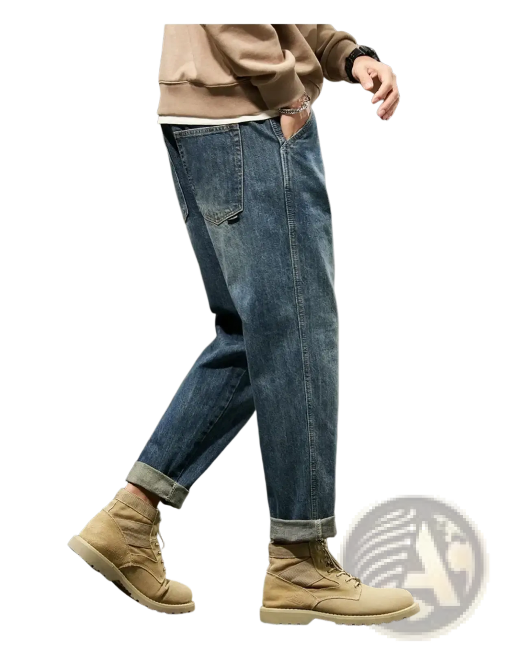 Men loose denim harem jeans in blue with rolled cuffs and classic five-pocket design made of denim material