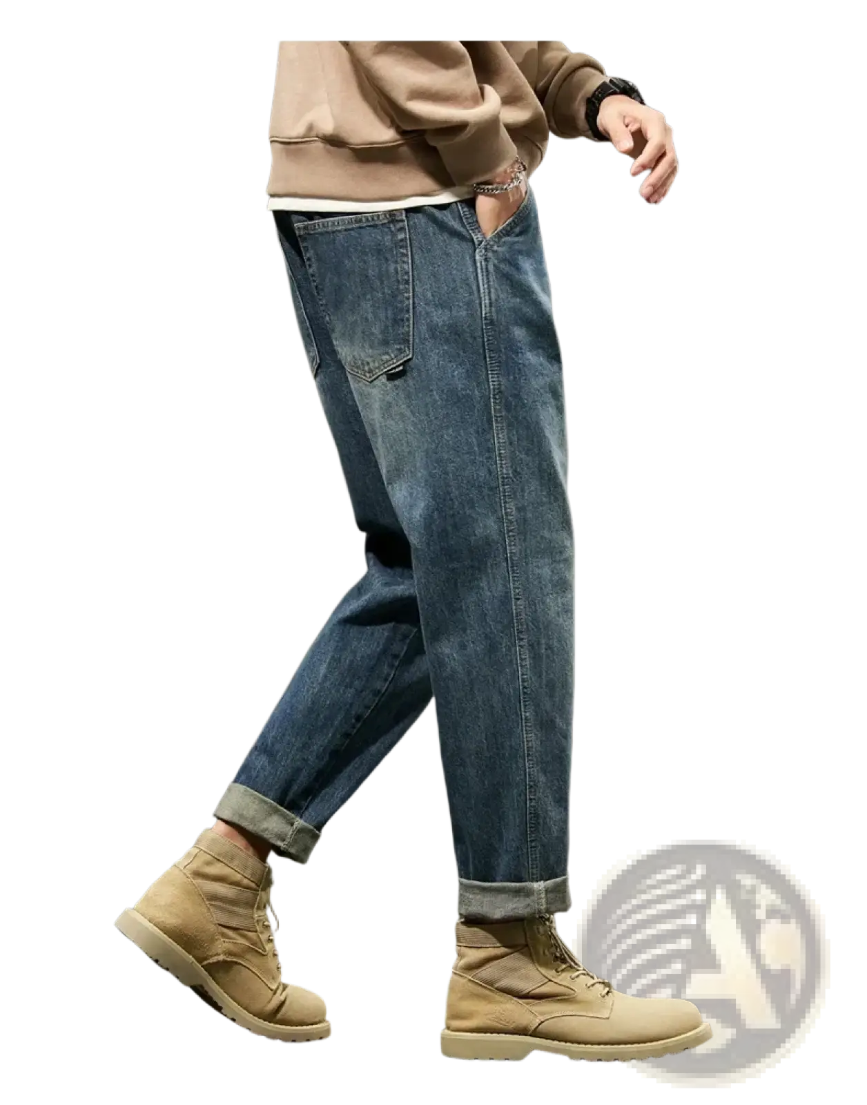 Men loose denim harem jeans in blue with rolled cuffs and classic five-pocket design made of denim material