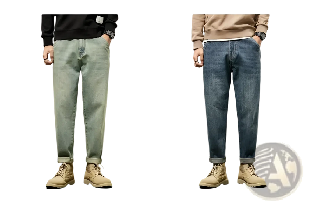 Men loose denim harem jeans in light-wash and dark-blue denim with relaxed fit and rolled cuffs