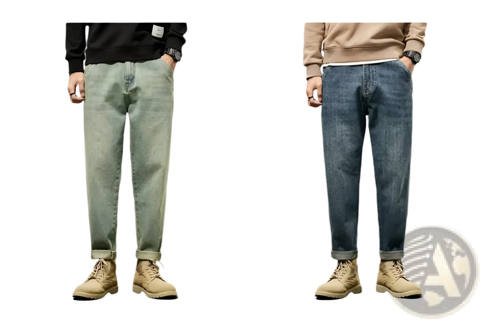 Men loose denim harem jeans in light-wash and dark-blue denim with relaxed fit and rolled cuffs