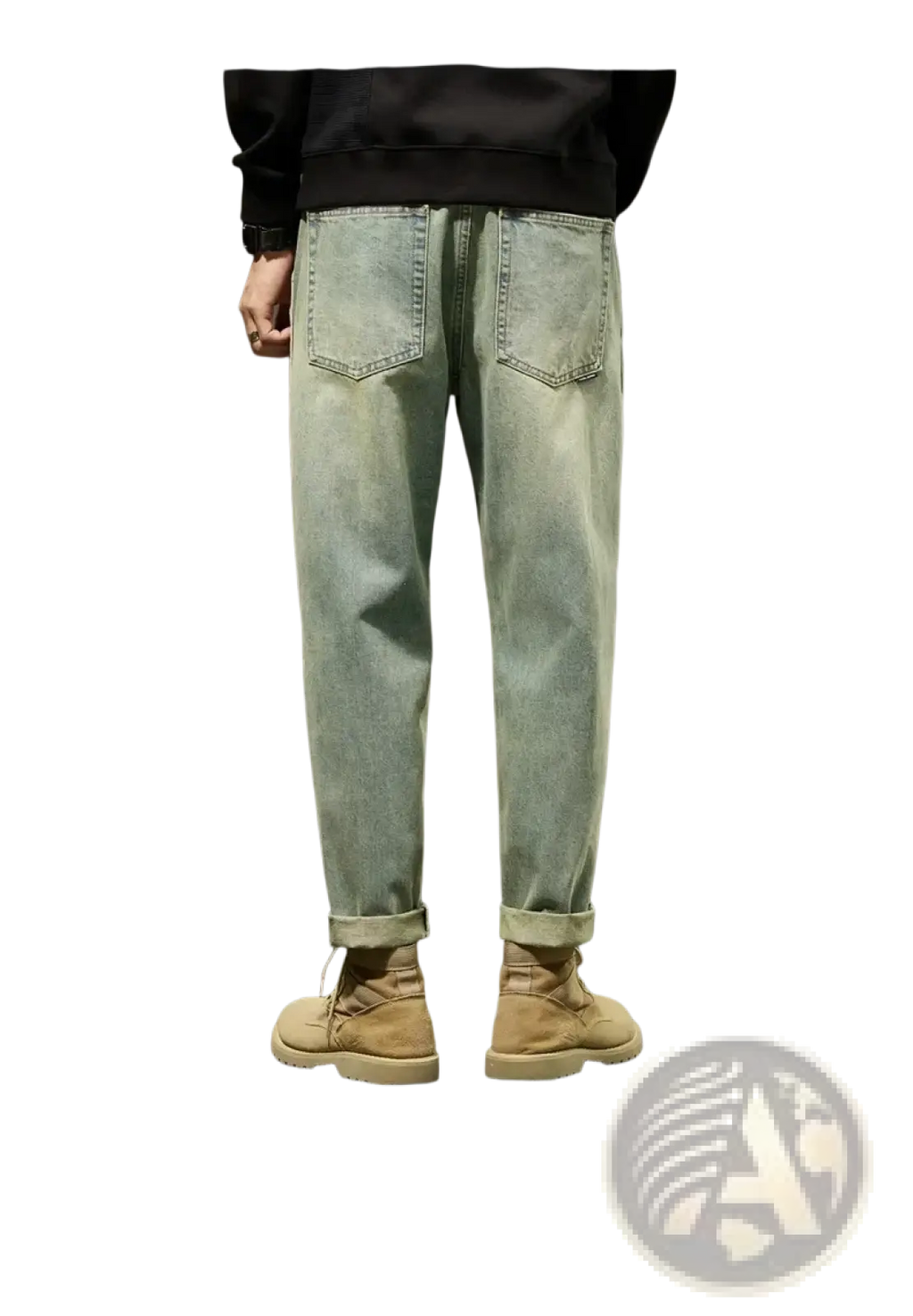 Men loose denim harem jeans in light-wash denim with a relaxed fit and cuffed hems for casual wear