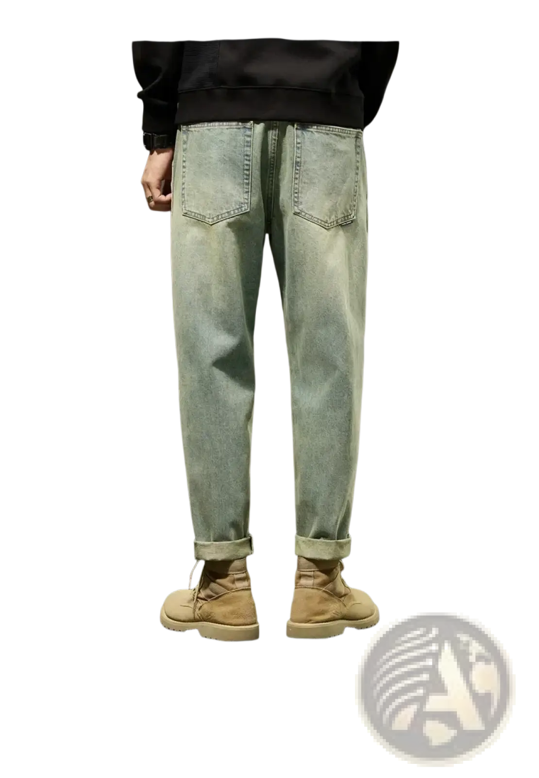 Men loose denim harem jeans in light-wash denim with a relaxed fit and cuffed hems for casual wear