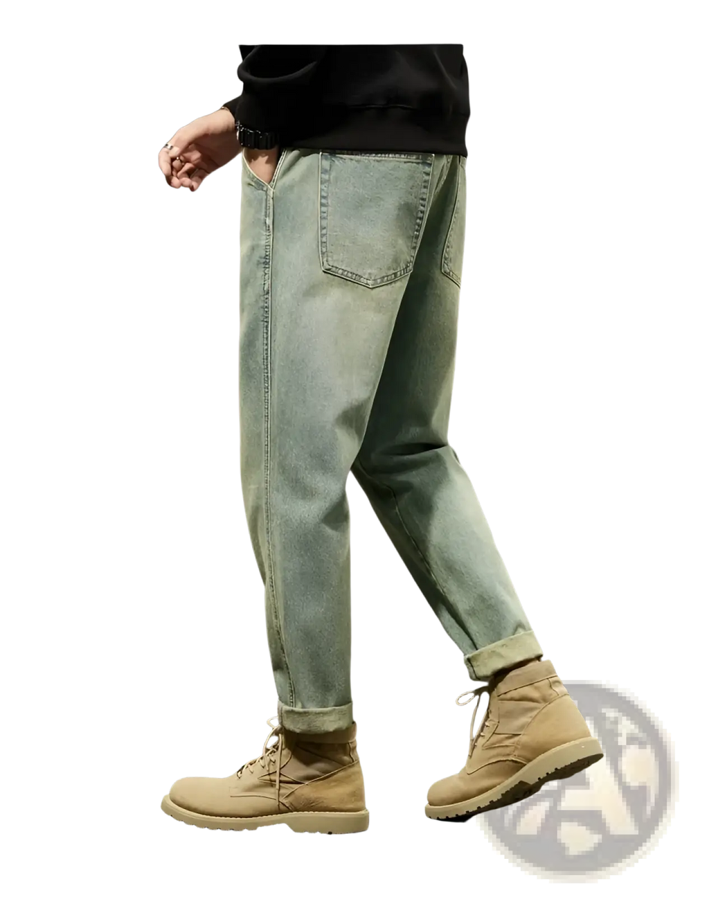 Men loose denim harem jeans in light-wash denim with a relaxed fit and rolled cuffs