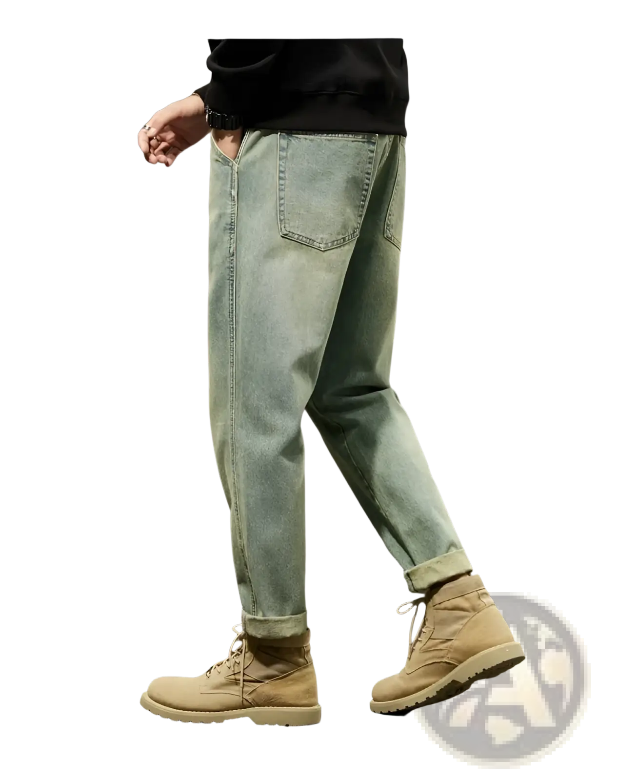 Men loose denim harem jeans in light-wash denim with a relaxed fit and rolled cuffs