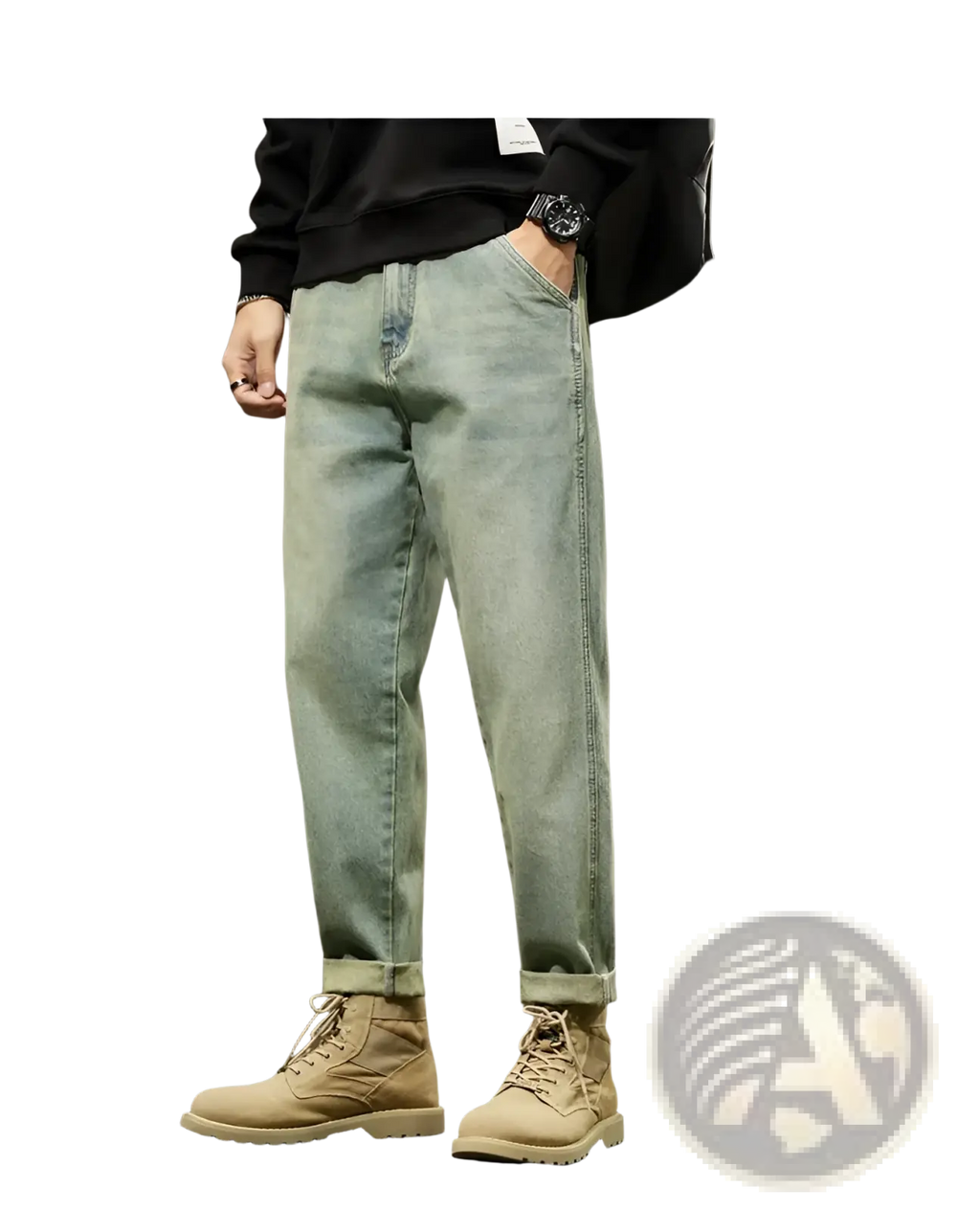 Men loose denim harem jeans in light-wash denim with a relaxed fit and rolled cuffs for casual wear