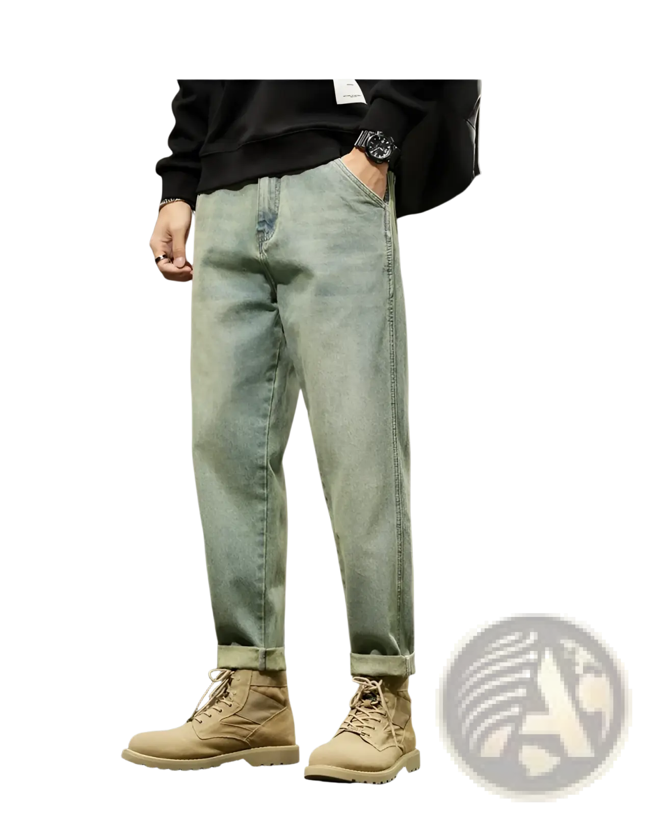 Men loose denim harem jeans in light-wash denim with a relaxed fit and rolled cuffs for casual wear