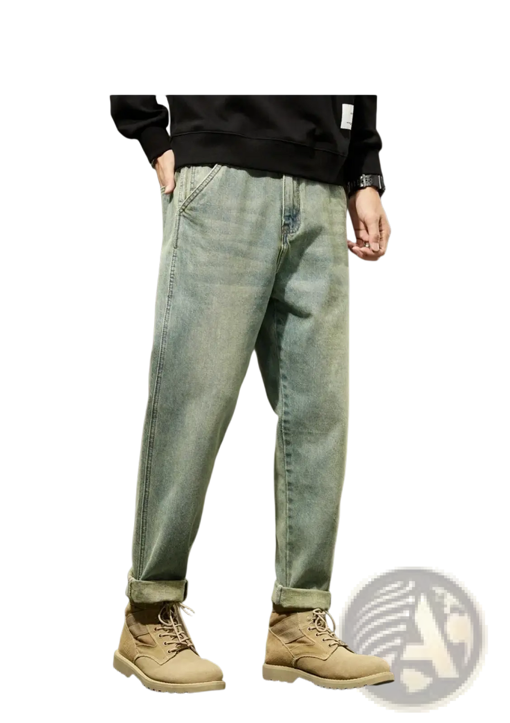 Men loose denim harem jeans in light-wash denim with a relaxed straight-leg cut and rolled cuffs