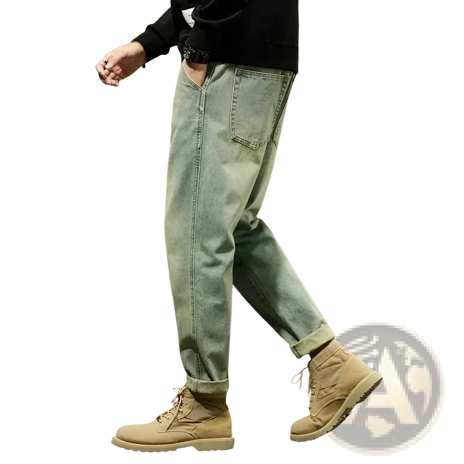 Men loose denim harem jeans in light-wash denim with a relaxed tapered fit and rolled cuffs for casual wear