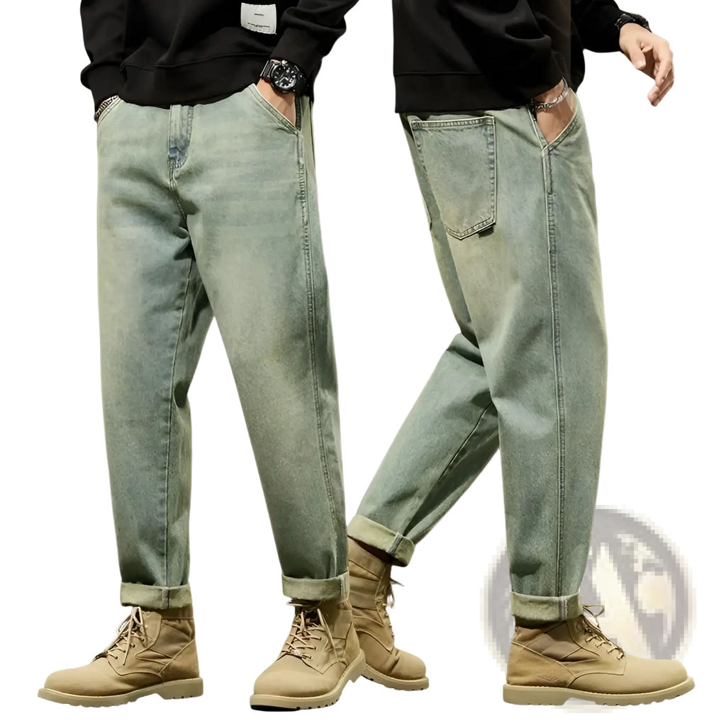 Men loose denim harem jeans in light-wash denim with a relaxed tapered fit and rolled cuffs