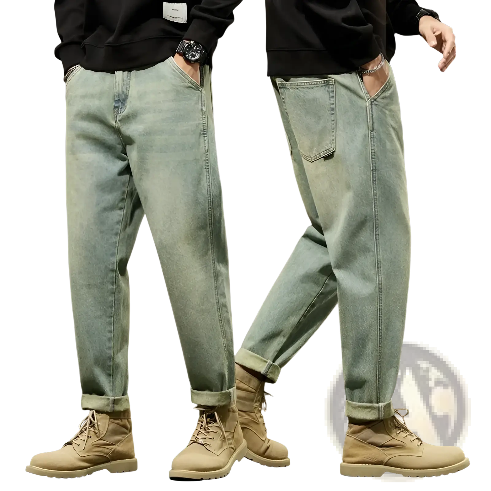 Men loose denim harem jeans in light-wash denim with a relaxed tapered fit and rolled cuffs