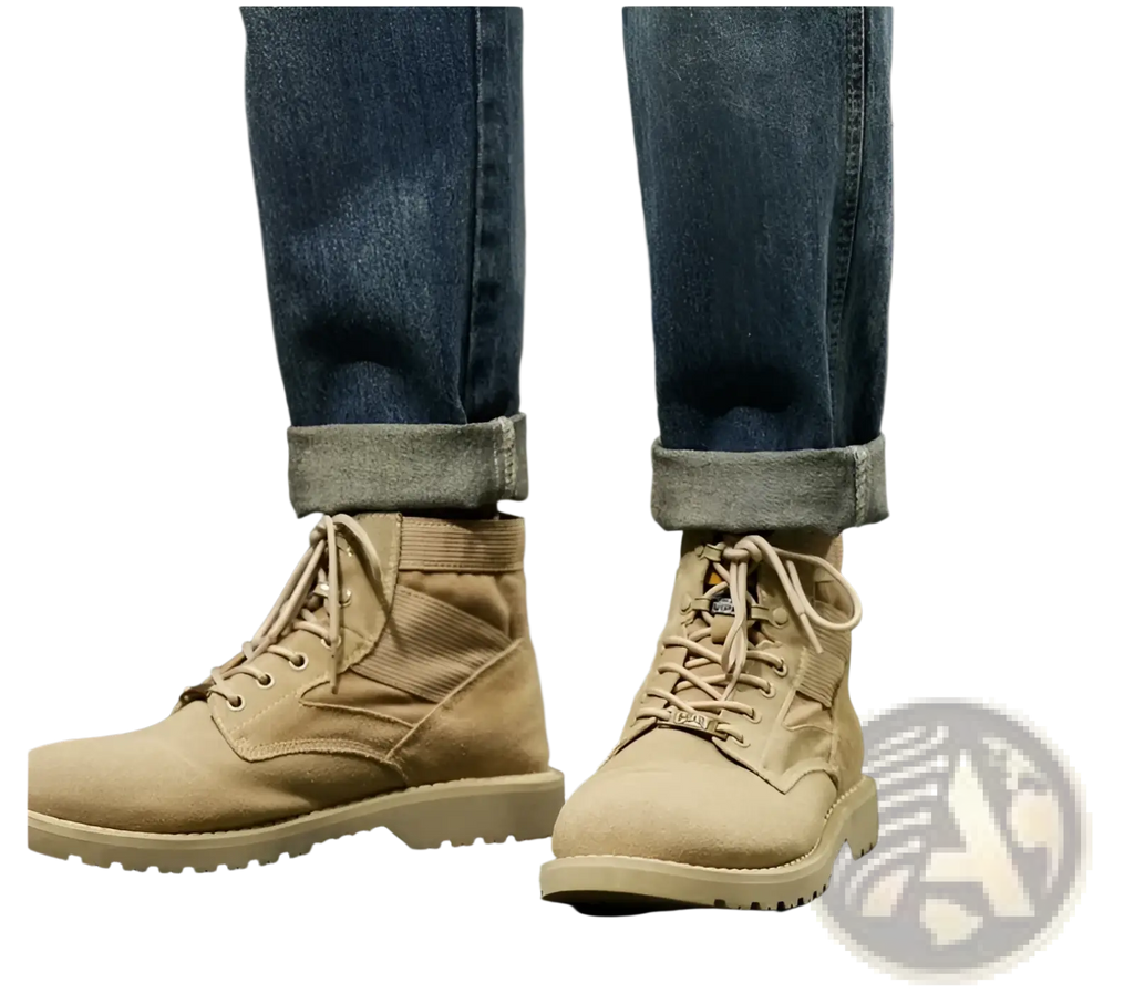 Tan suede combat boots with reinforced stitching and a rugged sole paired with men loose denim harem jeans