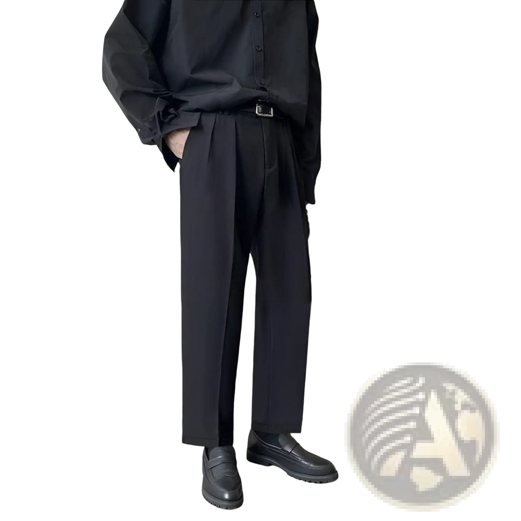 Men loose fit straight leg suit pants in black with pleated design and a matte finish for formal wear