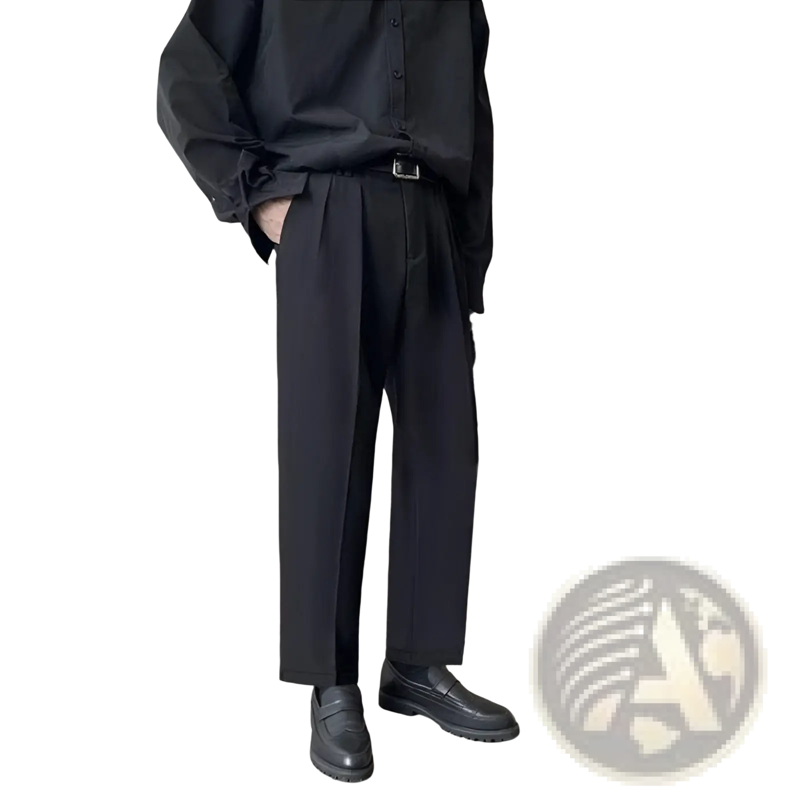 Men loose fit straight leg suit pants in black with pleated design and a matte finish for formal wear