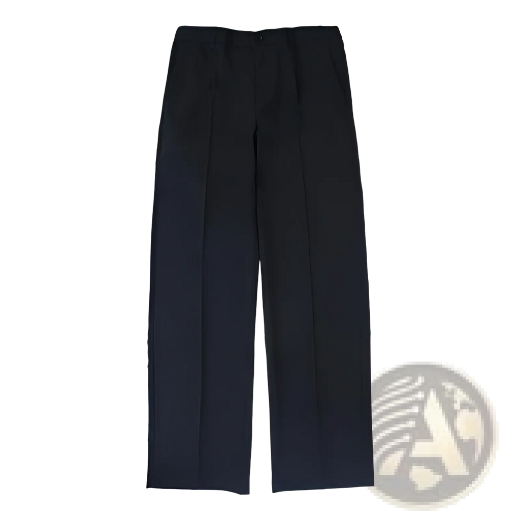 Men loose fit straight leg black pleated trousers with button closure suitable for formal or business wear