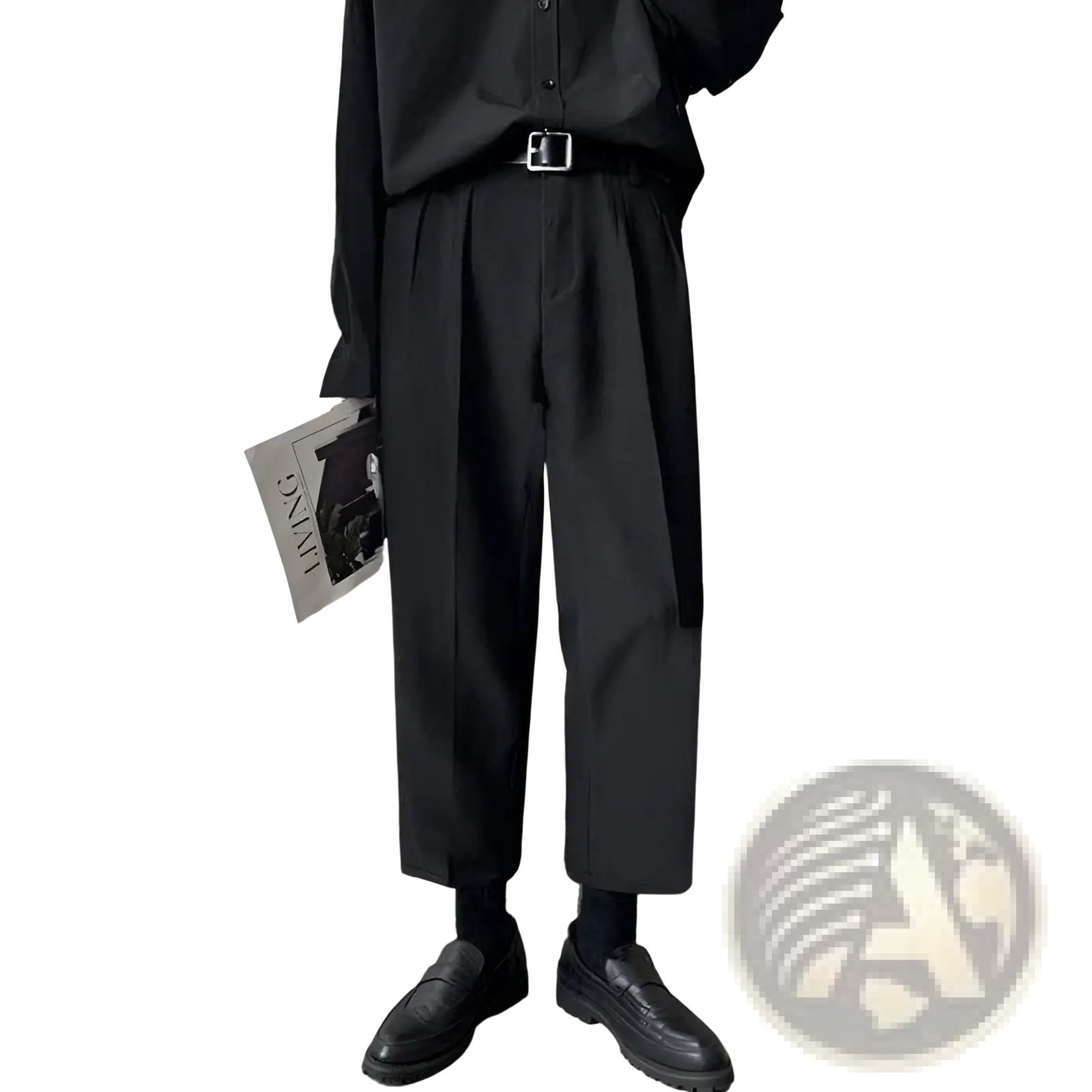 Men loose fit straight leg suit pants in black pleated fabric with relaxed fit and tapered legs paired with black shoes