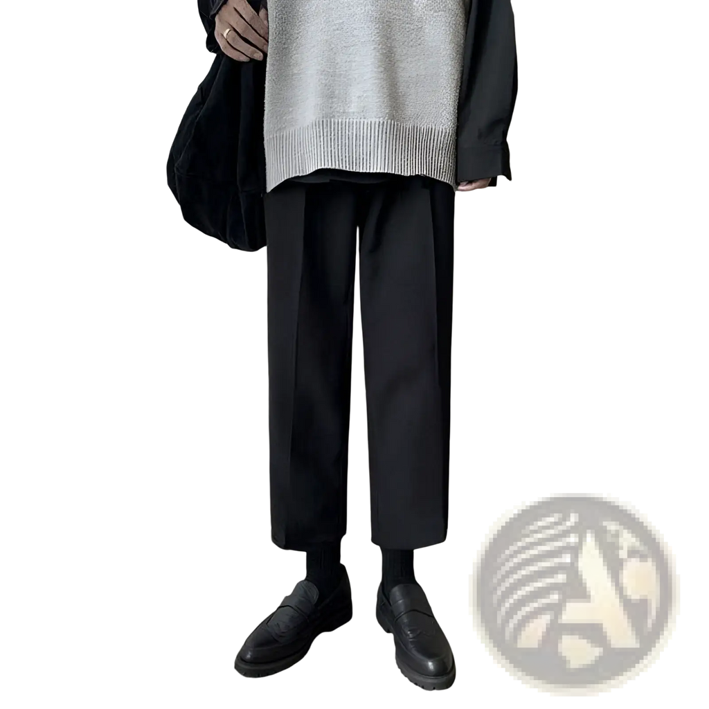 Men loose fit straight leg suit pants in black tapered trousers with a minimalist design and subtle creases