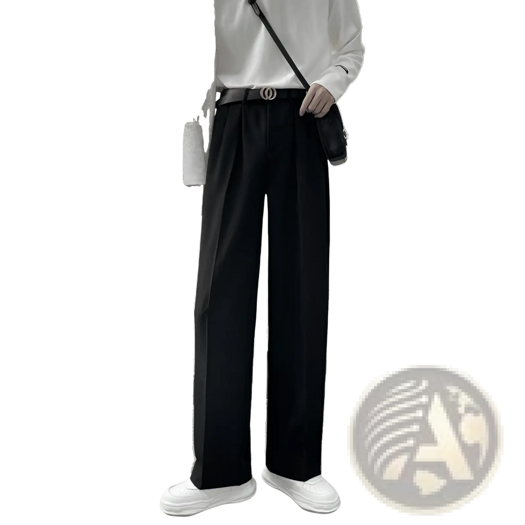 Men loose fit straight leg suit pants in black with wide-leg design and subtle waist pleats for a sleek look
