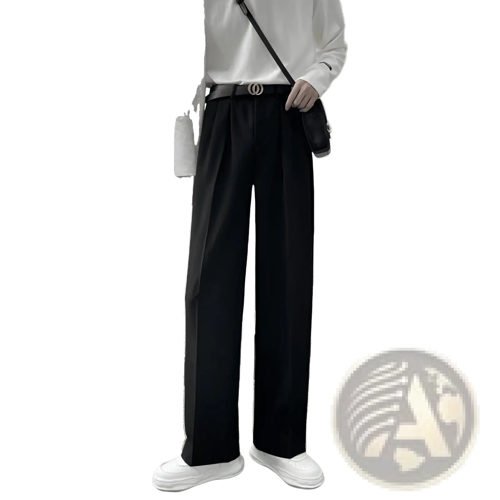 Men loose fit straight leg suit pants in black with wide-leg design and subtle waist pleats for a sleek look