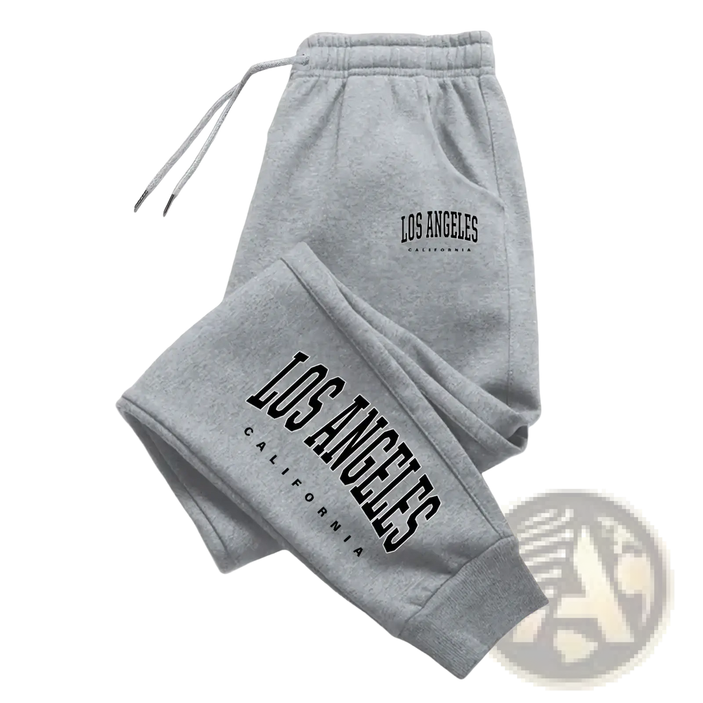 Men Los Angeles print gray sweatpants with black arched lettering on thigh and leg for casual wear