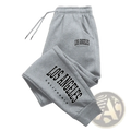 Men Los Angeles print gray sweatpants with black arched lettering on thigh and leg for casual wear