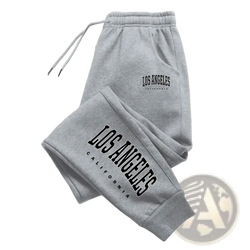 Men Los Angeles print gray sweatpants with black arched lettering on thigh and leg for casual wear